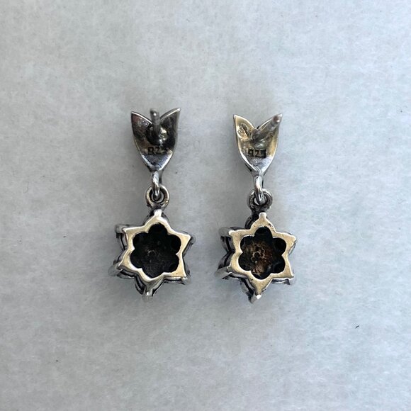 Sterling Silver 925 Cubic Zirconia & Marcasite Flower Dangle Stud Earrings - Picture 5 of 16